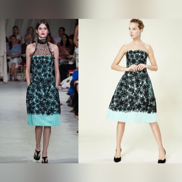 ◇$6490 OSCAR DE LA RENTA GORGEOUS SILK OCEAN BLK LACE MIDI RUNWAY DRESS M L